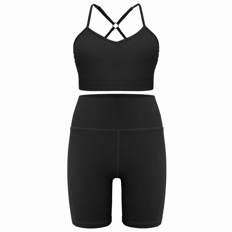 

Summer Shorts Sets Sexy Women Yoga Sets 2Pcs Gym Sets Solid Color Fitness Suit Girl Sports Bra Running Sets Polyester Yoga Suits