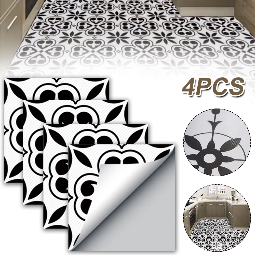 

4PCS Black amd White Floor Tile Peel and Stick Tile Stickers Self-Adhesive Waterproof Floor Decals for Bedroom Kitchen Bathroom