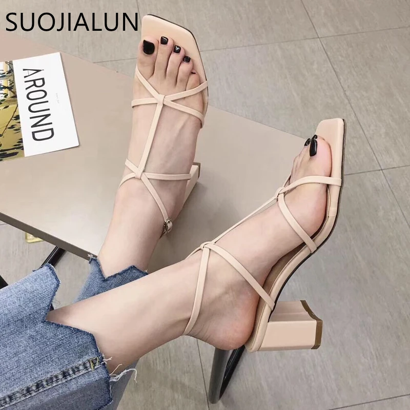 SUOJIALUN; Новые Модные женские босоножки; летние туфли на высоком квадратном каблуке с ремешком; повседневные сандалии-гладиаторы; обувь с узкими ремешками; zapatos mujer