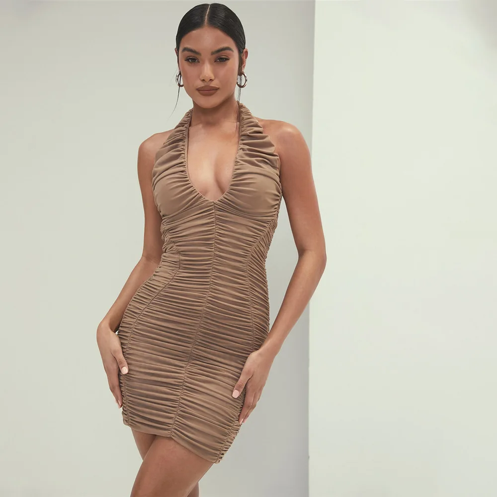 

2021 Fashion Women Sexy Halter Hanging Neck Backless Solid Color Pleated Slim Hip Nightclub Party Dress Female New Elegant Gowns