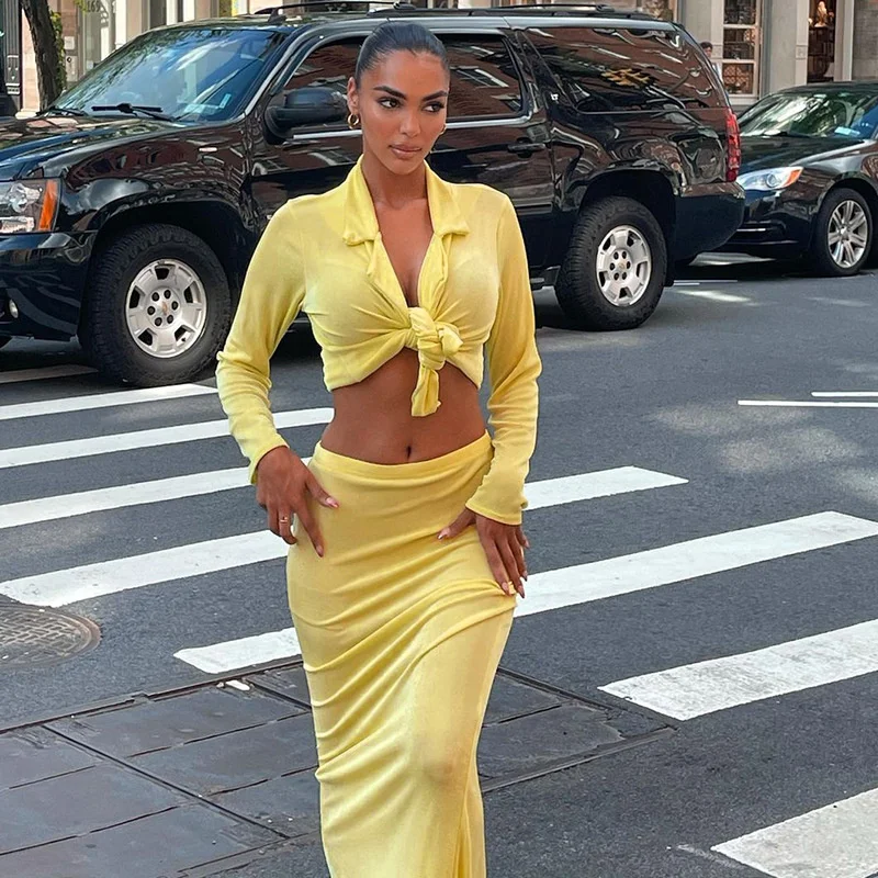

women's 2021 summer autumn new solid color suit collar sleeve knot elastic waist long skirt two piece set women Free shipping