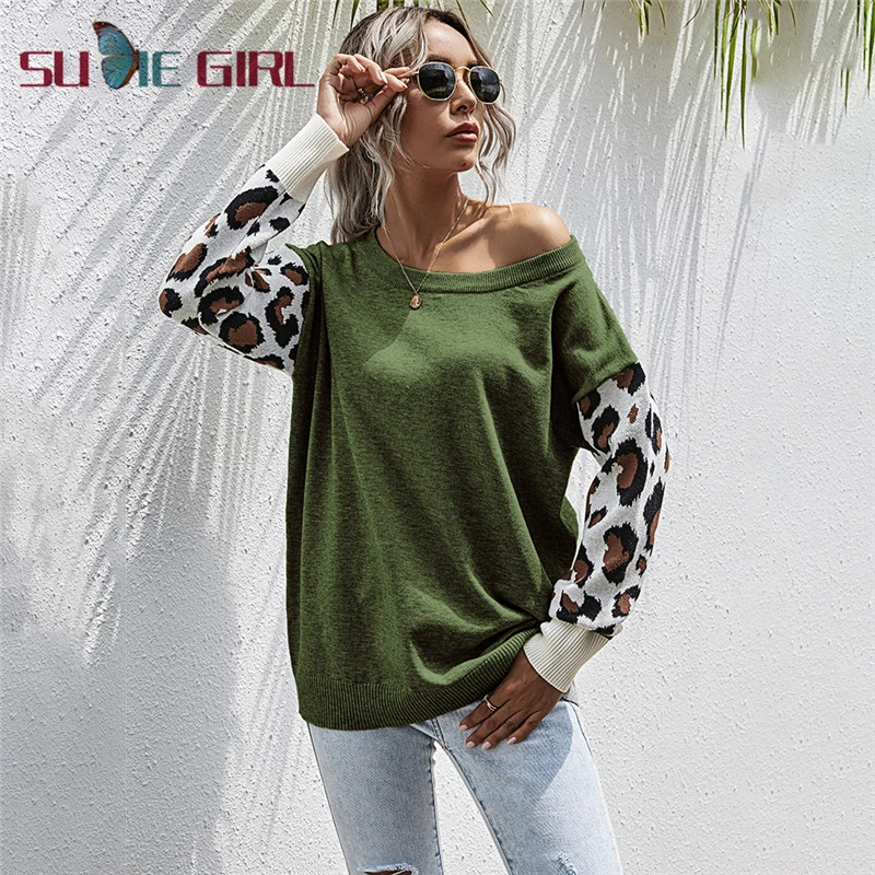 

SUDIE Girl Sleeve leopard stitching sweater casual retro style long-sleeve round neck strapless sweater