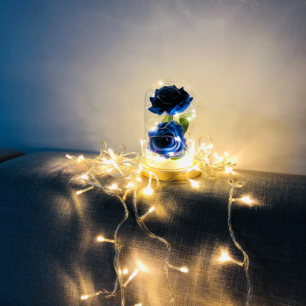 

LED Fairy Light 2pcs Artificial Roses In a Glass Dome Fake Flower LED Night Light Home Party Wedding Decor Mother's Day Gift