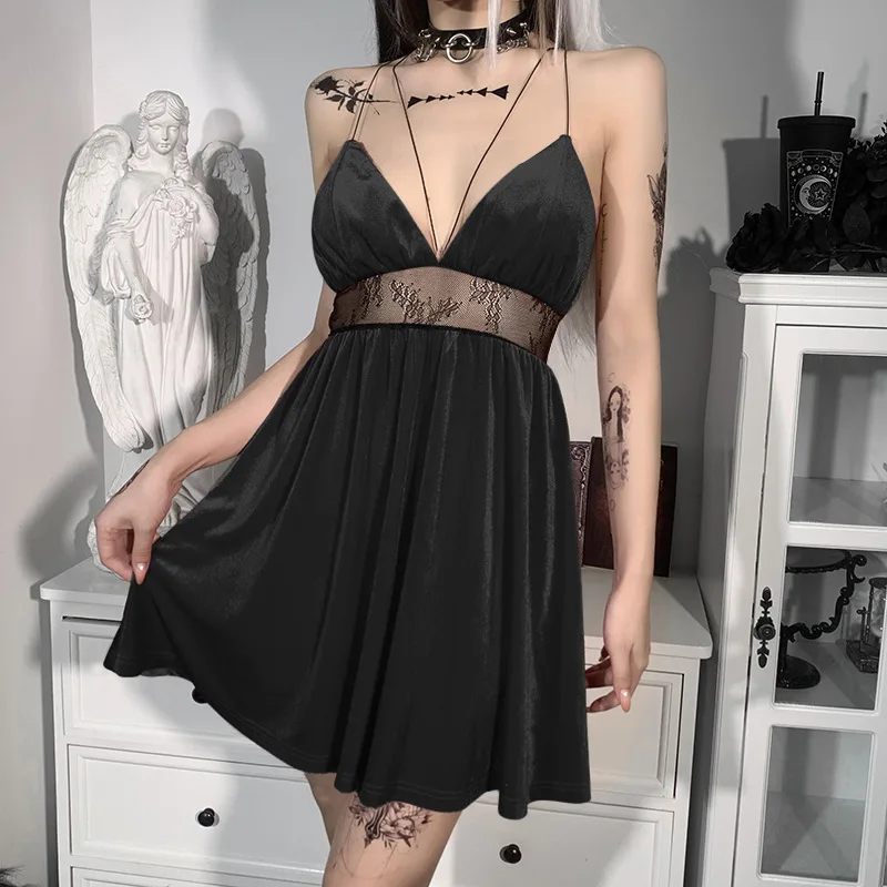 

Hollow Out Backless V-neck Brace Dress Women Lace Velvet Sleepwear Harajuku Gothic Lolita Black Sexy Night Dress