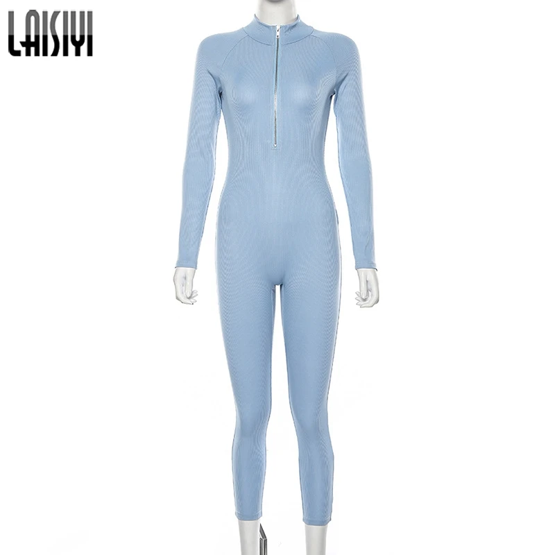 

LAISIYI Ribbed Fitness Active Wear Rompers Womens Jumpsuit Zipper V Neck Sexy Fashion 2020 Long Sleeve Workout Sporty Jumpsuits