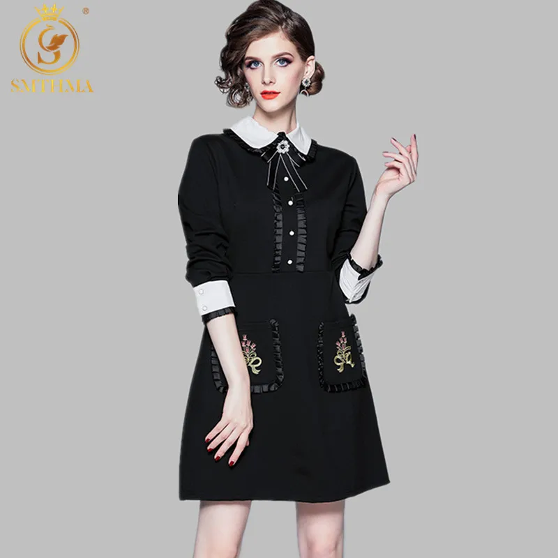 

SMTHMA 2021 New Spring And Autumn Fashion Runway Dress Women's Long Sleeve Casual Embroidered Pocket Elegant Dress Vestidos