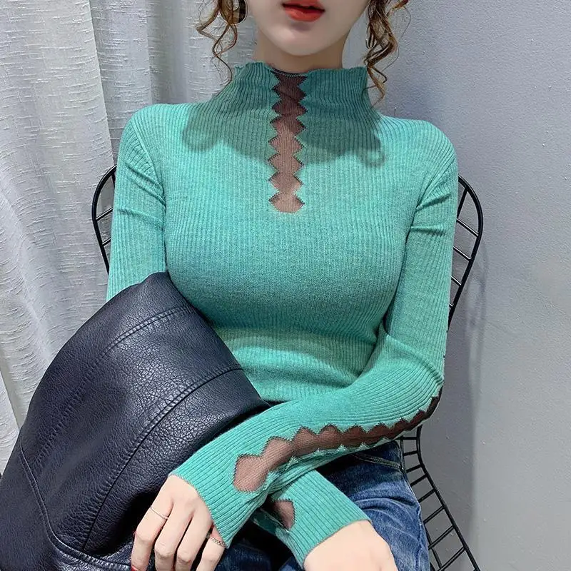 

Hollow lace semi-high collar pullover sweater women 2020 knitted autumn new slim body top shirt women