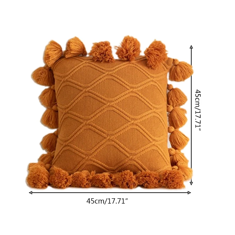 

Knitted Throw Pillow Case with Pompoms Tassel Geometric Stiped Cushion Cover