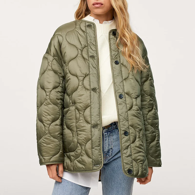 

Женская зимняя куртка ZA-пуховик, парки 2021, теплая свободная однотонная куртка с длинным рукавом и закрытыми пуговицами, женская повседневна...