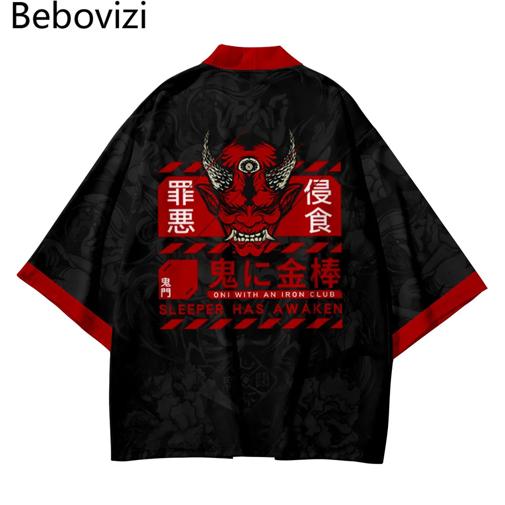 Харадзюку Топы халат модная азиатская одежда Аниме с принтом демона кимоно