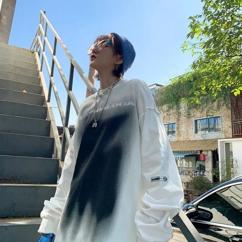 

Streetwear Shirt Women Korean Fashion Trendy O-neck Long-sleeved Blouse Couples High Street Hip-hop Letter Printed Pullover Tops