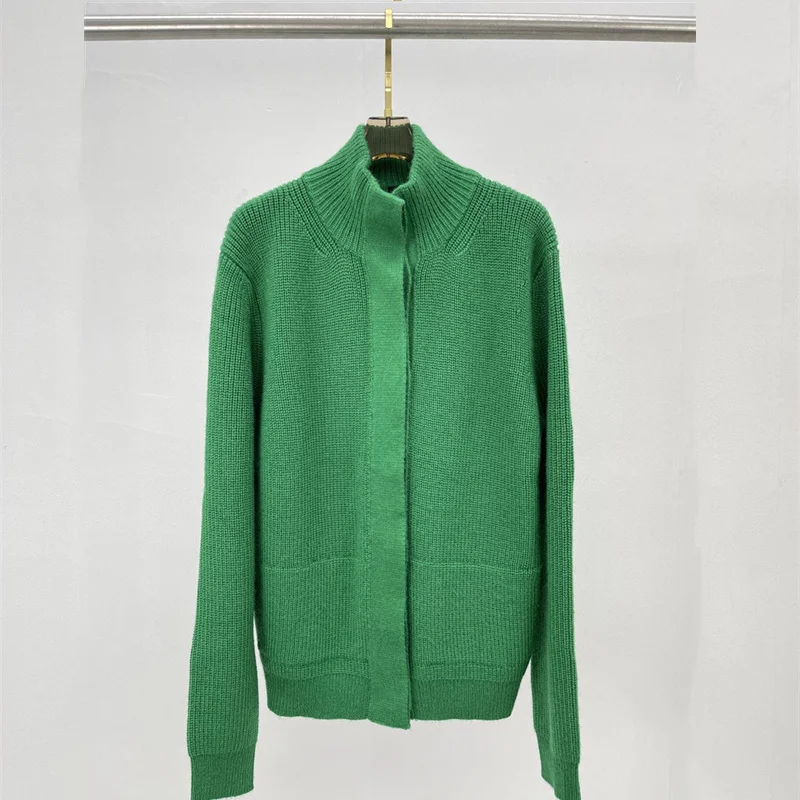 

Высококачественные Женские однотонные кашемировые кардиганы с воротником-стойкой, свитера со скрытыми пуговицами, осенняя модная одежда