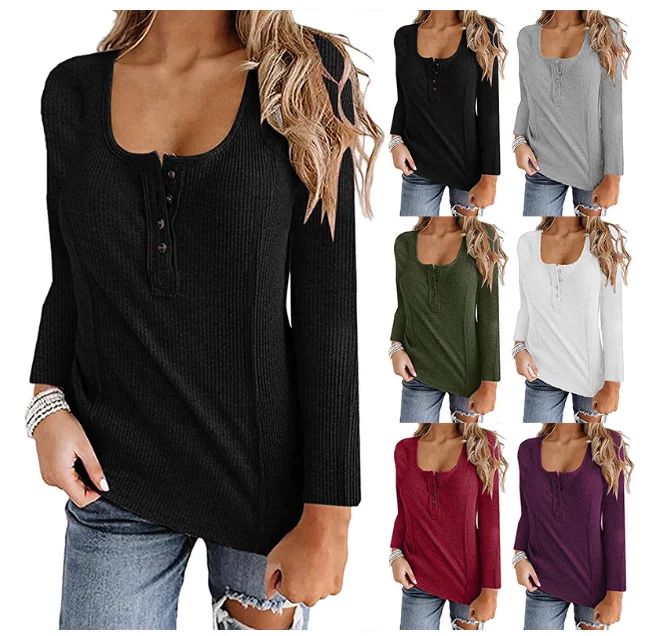 Casual Black Women T-Shirts Long Sleeve Autumn Cotton Tee Loose Sports Ladies Top Button V-Neck Street Blue T-Shirt Pullover