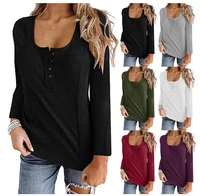 casual black women t shirts long sleeve autumn cotton tee loose sports ladies top button v neck street blue t shirt pullover