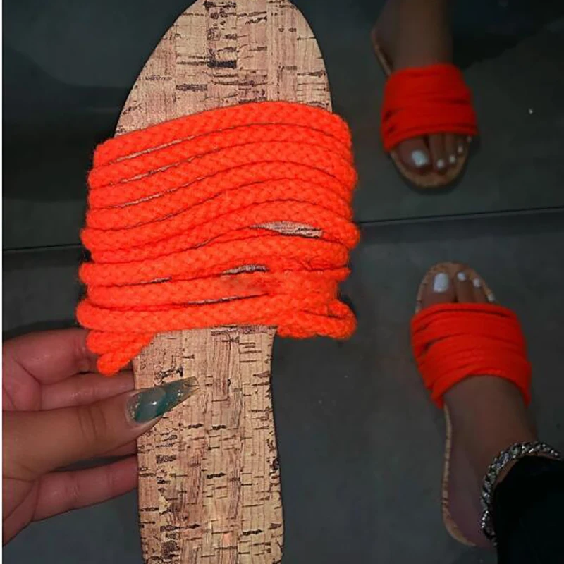 

Fashion sexy summer new plus size outdoor slippers Roman wind Solid color hemp rope straps flat bottom beach female slippers