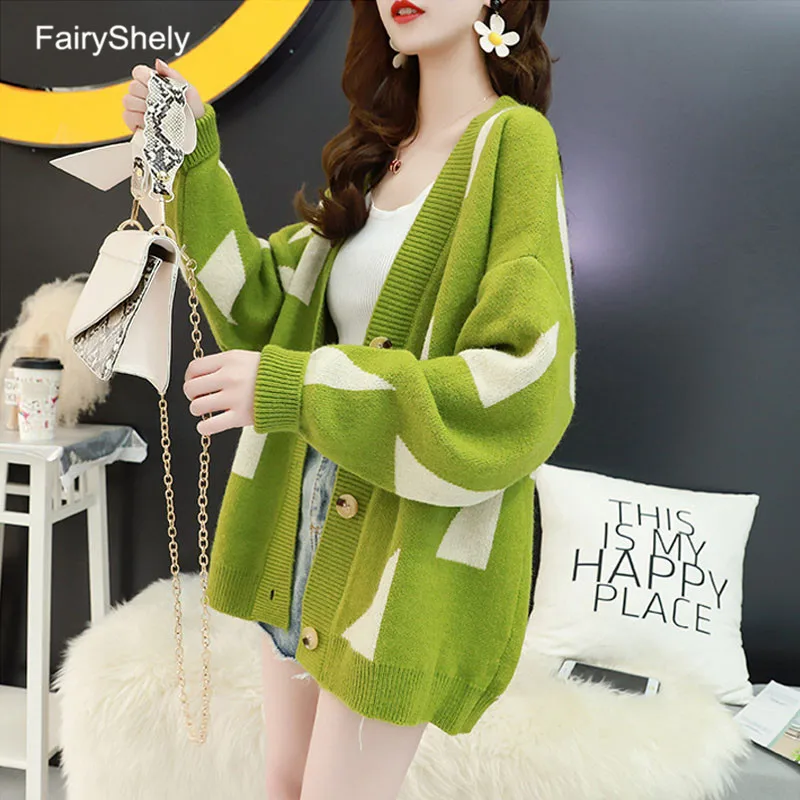 FairyShely длинный свитер кардиганы женская Свободная трикотажная одежда с V образным
