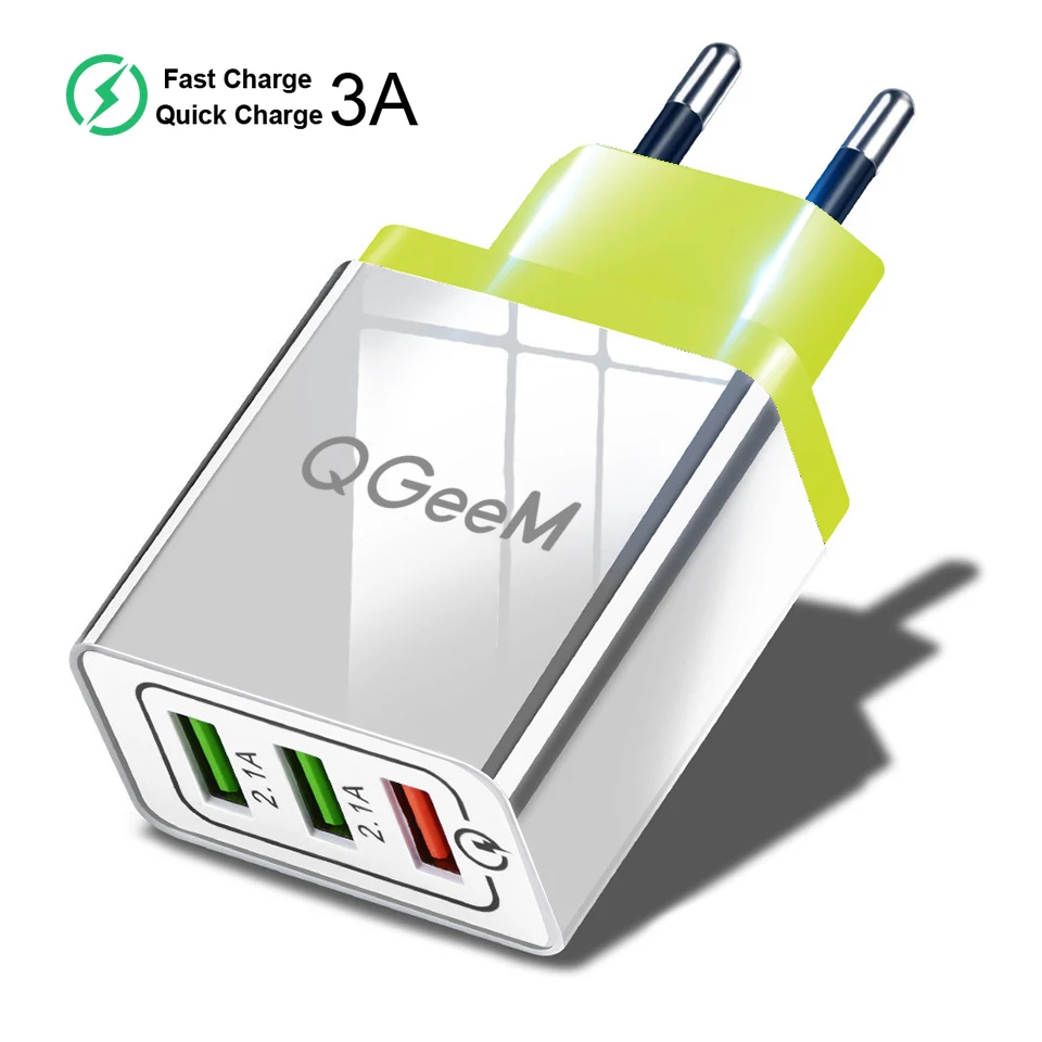Yellow QGEEM 3 порта USB зарядное устройство для iPhone X Xiaomi EU US Plug QC 3,0 быстрое зарядное устройство для телефона Быстрая зарядка 3,0 портативное настенное зарядное устройство адаптер - Тип штекера: Yellow