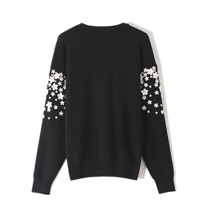 

2020 Women Fashion Pullover White Floral 3D Beading Slim Autumn Winter Sweater Simple Vintage Knitted Top Slim Blusas Jumpers