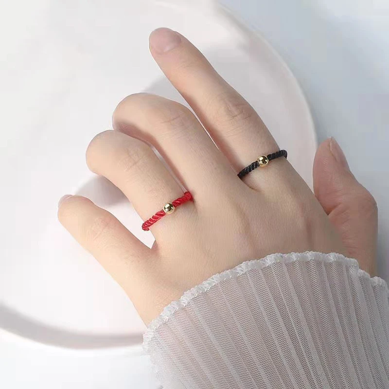 

Handmade Red String Golden Small Gold Bead Fashionable Transfer Bead Ring Couple Ring Simple A Gift for Friends New