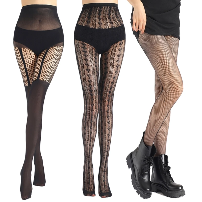 

Women Sexy Fishnet Pantyhose Striped Heart Jacquard Rhinestone Sheer Mesh Tights 101A