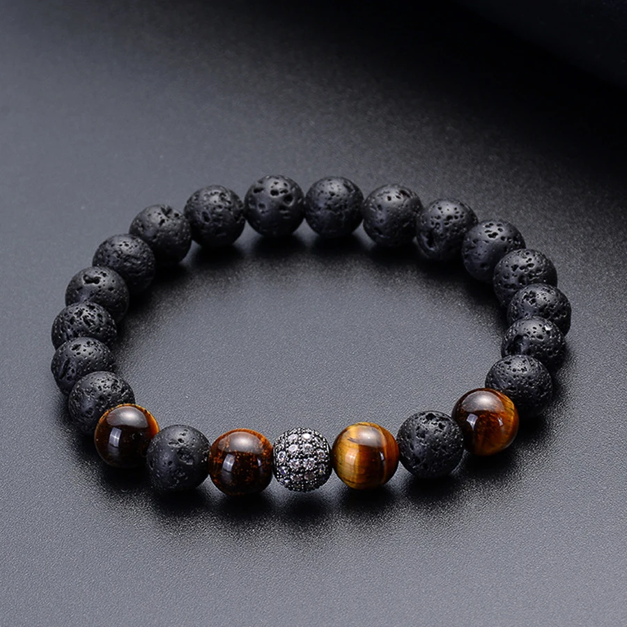 

Lava Stone & Tiger Eye Hand Jewelry Combination Stitching with Cubic Zircon Beads Diffuser Bracelet Elastic Stretch Men Bracelet