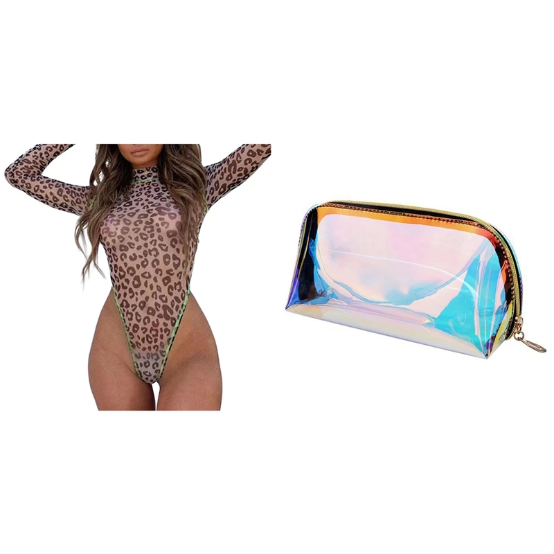 

1PC Cosmetic Bag Women Makeup Case TPU Female Jelly Bag With Women's Fashion Sexy Leopard Print Long-Sleeve S Size