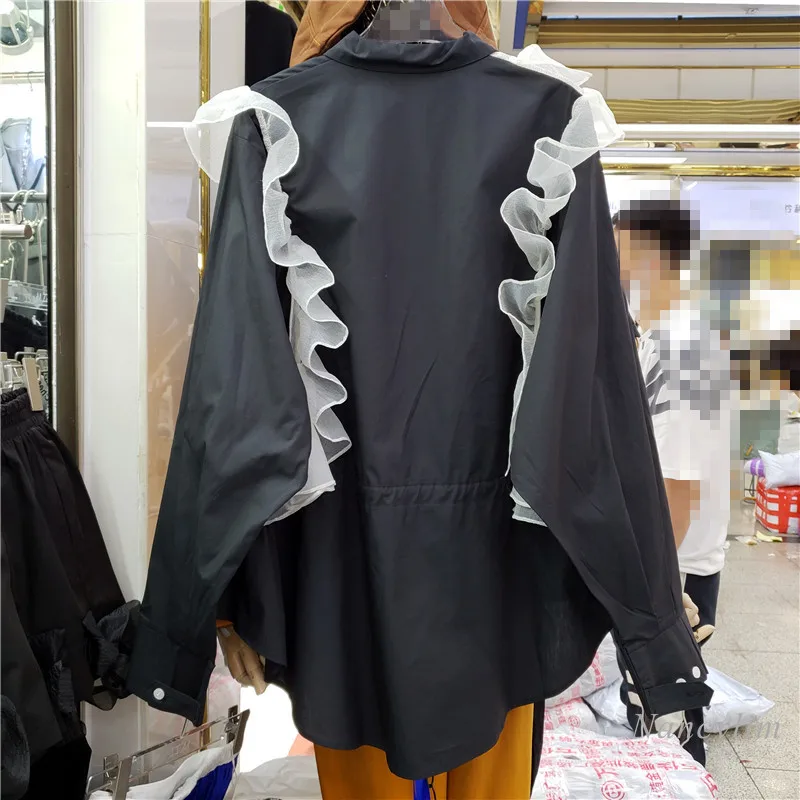 Harajuku Style noir chemise femmes nouveau décontracté couleur contrastée irrégulière maille ébouriffé revers hauts lâche Blusas Mujer 2021