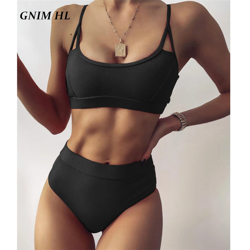 

GNIM High Waist Solid Swimsuit Women 2 Pieces Sexy Bandeau Bikini Swimwear Push Up Beachwear Bathing Suit 2021 New Bathing Suit