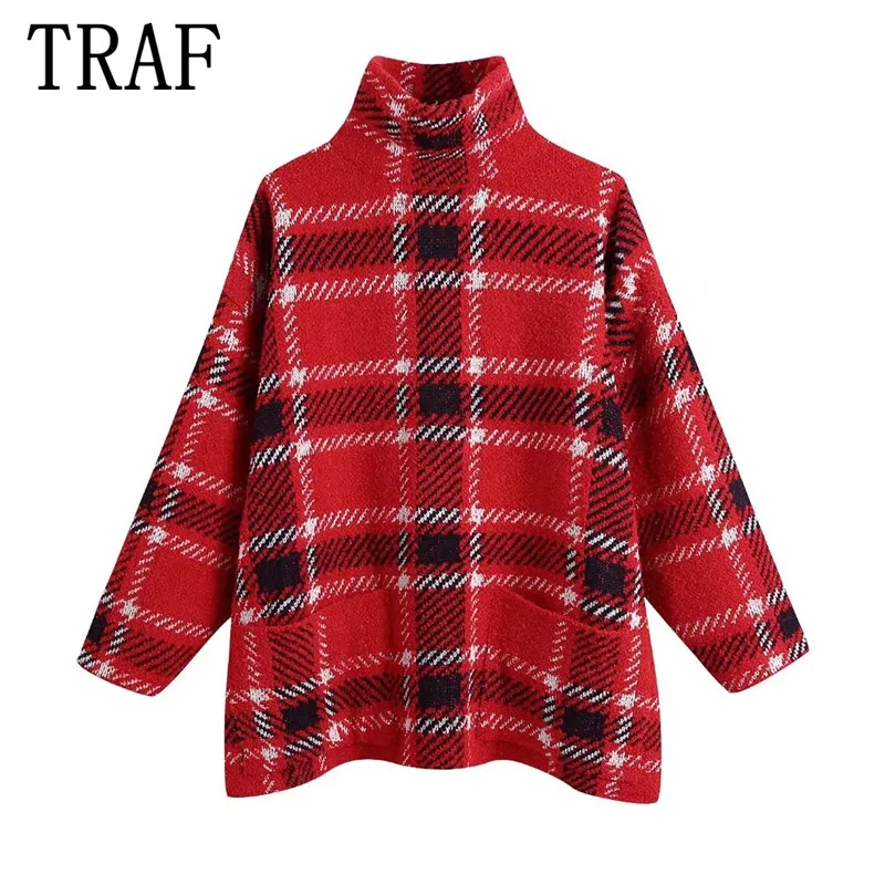 

TRAF Za Red Plaid Sweater Women Knitted Oversize Sweater Woman Vintage Turtleneck Sweaters Winter Jerseys Long Sleeve Pullover