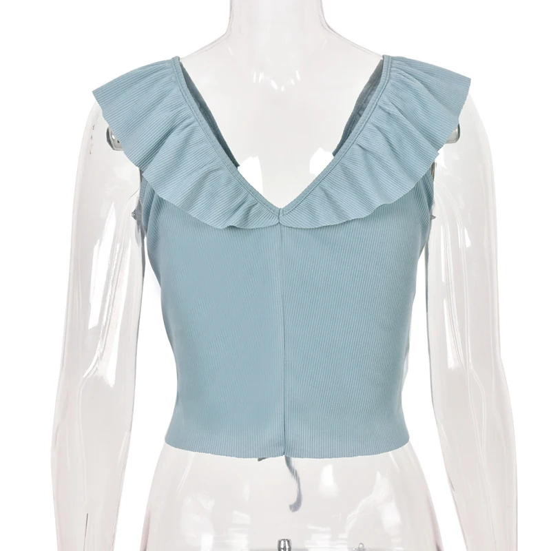 

ROPALIA Summer Ruffled Short Top Female Sleeveless Casual Off Shoulder Fashion Blue Drawstring Tank Top