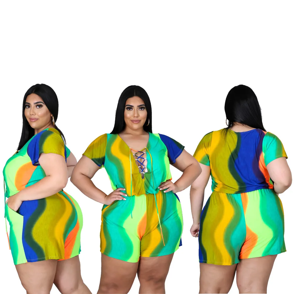 

Plus Size Green Tie-dye Printing Women Short Jumpsuits Holidays Sexy V-neck Lace-up Hollow Out High Waist Clubwear Playsuits