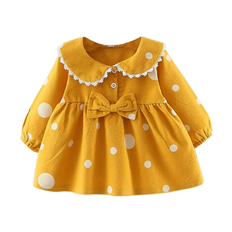 Детская одежда для маленьких девочек осенне-зимнее платье в горошек с длинными