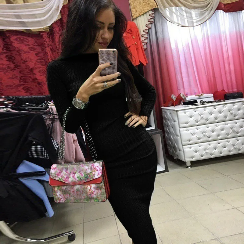 

tight skirt bottoming long skirt autumn and winter long-sleeved Korean version of solid color sexy pit strip hip dress women's