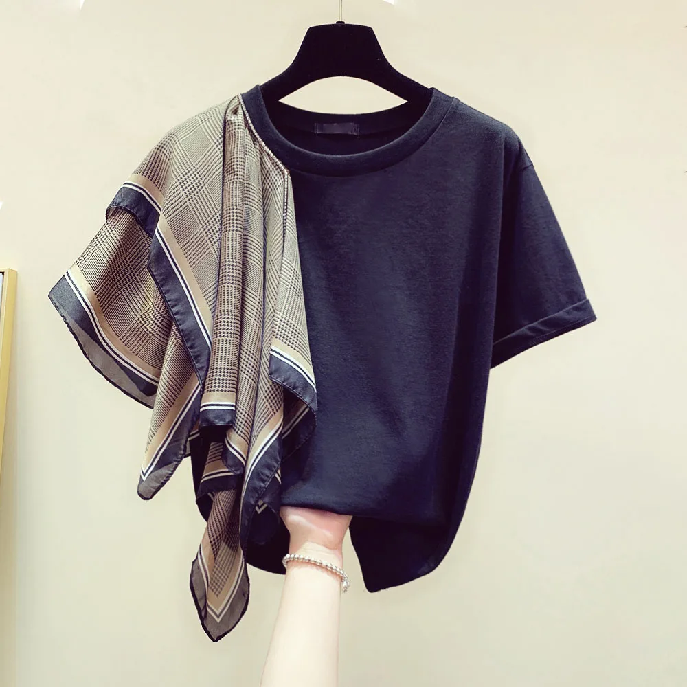 

Summer Korean Women T-shirt New Round Neck Irregular Beveled Decor Short-sleeved Ladies Tops Japan Fashion Design Daily T Shirt