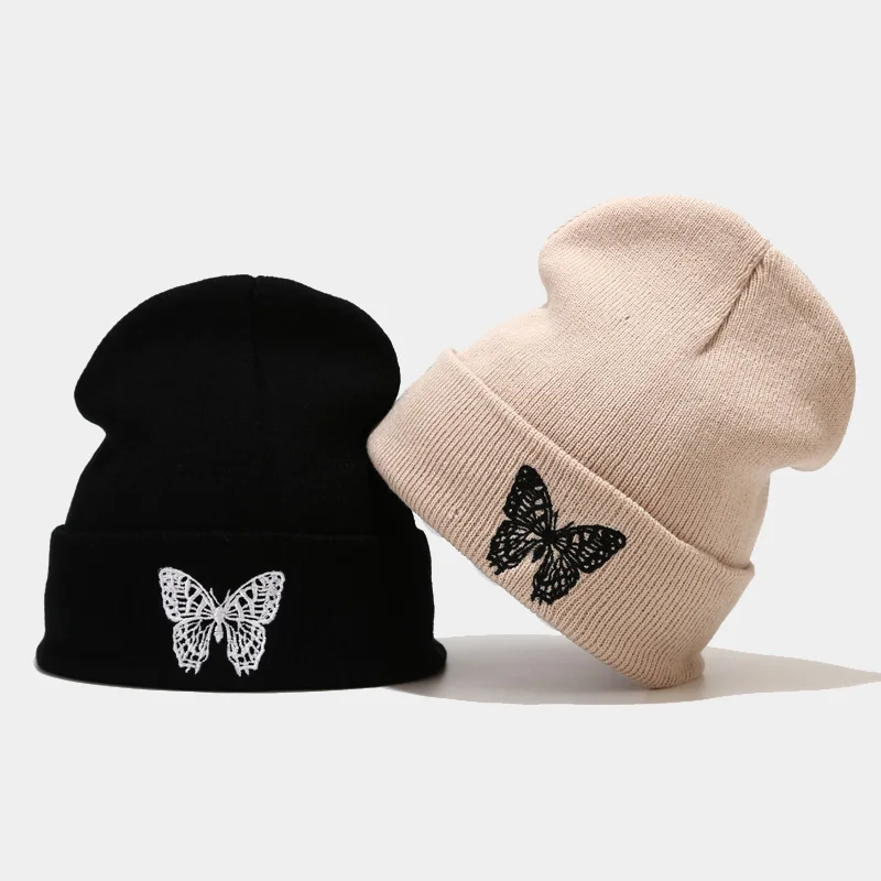 

Fashion Knitted Beanies Hat Butterfly Embroidery Winter Warm Ski Hats Skullies Caps Soft Elastic Cap Sport Bonnet Men Women