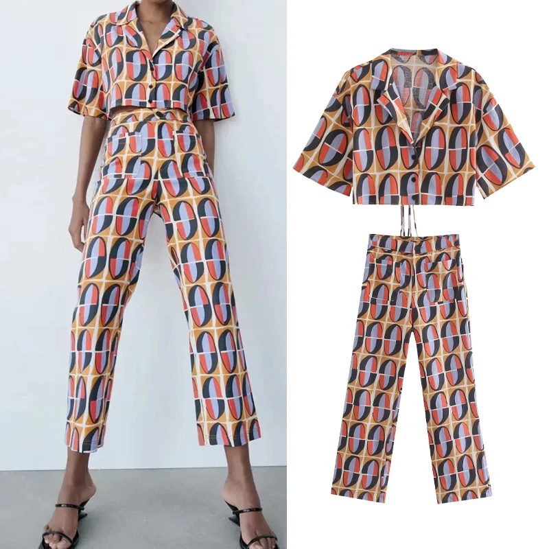 

Комплект PPYQYKX Za 2021 Женская модная рубашка с принтом кружевной ажурный топ летние штаны с высокой талией комплект с принтом Ретро Дамский пов...