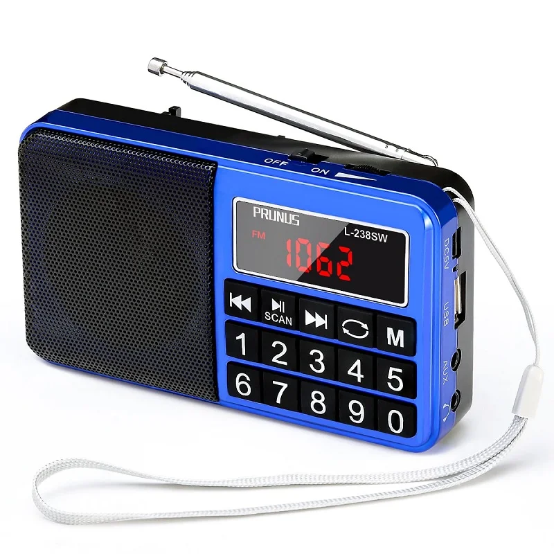 Blue PRUNUS L-238 мини fm-радио Портативный радиоприемник с динамиком USB зарядка радио Поддержка FM/AM/AUX/TF карта аварийный фонарик - Цвет: Blue