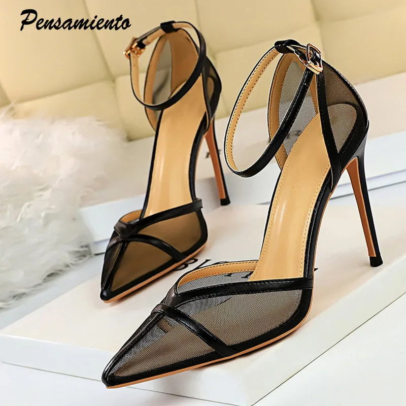 

Pensamiento Big size Air mesh Women Pumps Sexy see through Ankle strap Thin heeled Summer Office lady Shoes Fashion High heels