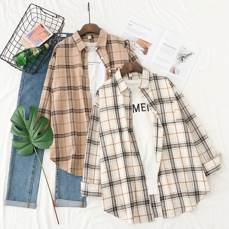 Plaid Shirts Womens Blouses Long Sleeve Lady Checked Tops Loose Female Outwear Casual Clothes Spring Autumn News 2022