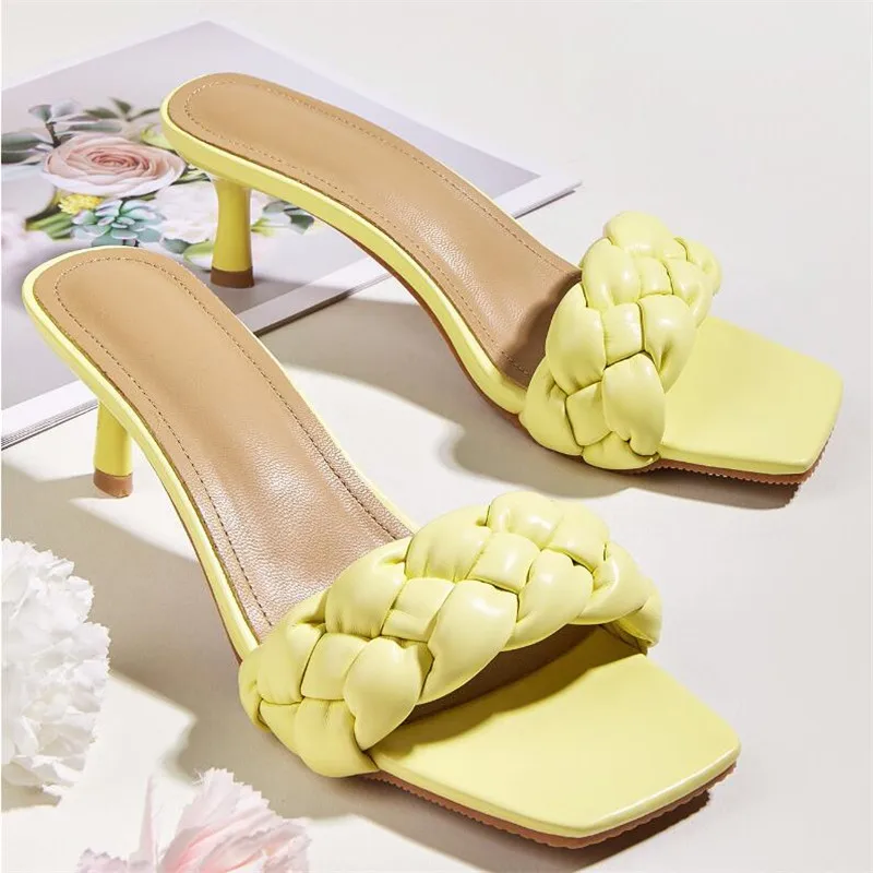 

Weave Designer Women Slipper Ladies Thin High Heel Sandal 2021 New Summer Slip-On Open Toe Brown Outdoor Slides Flip Flop Shoe