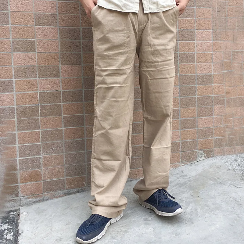 CYSINCOS Mens Nature Cotton Linen Trousers Summer Pants Casual Male Solid Elastic Waist Straight Loose Clothing | Мужская одежда