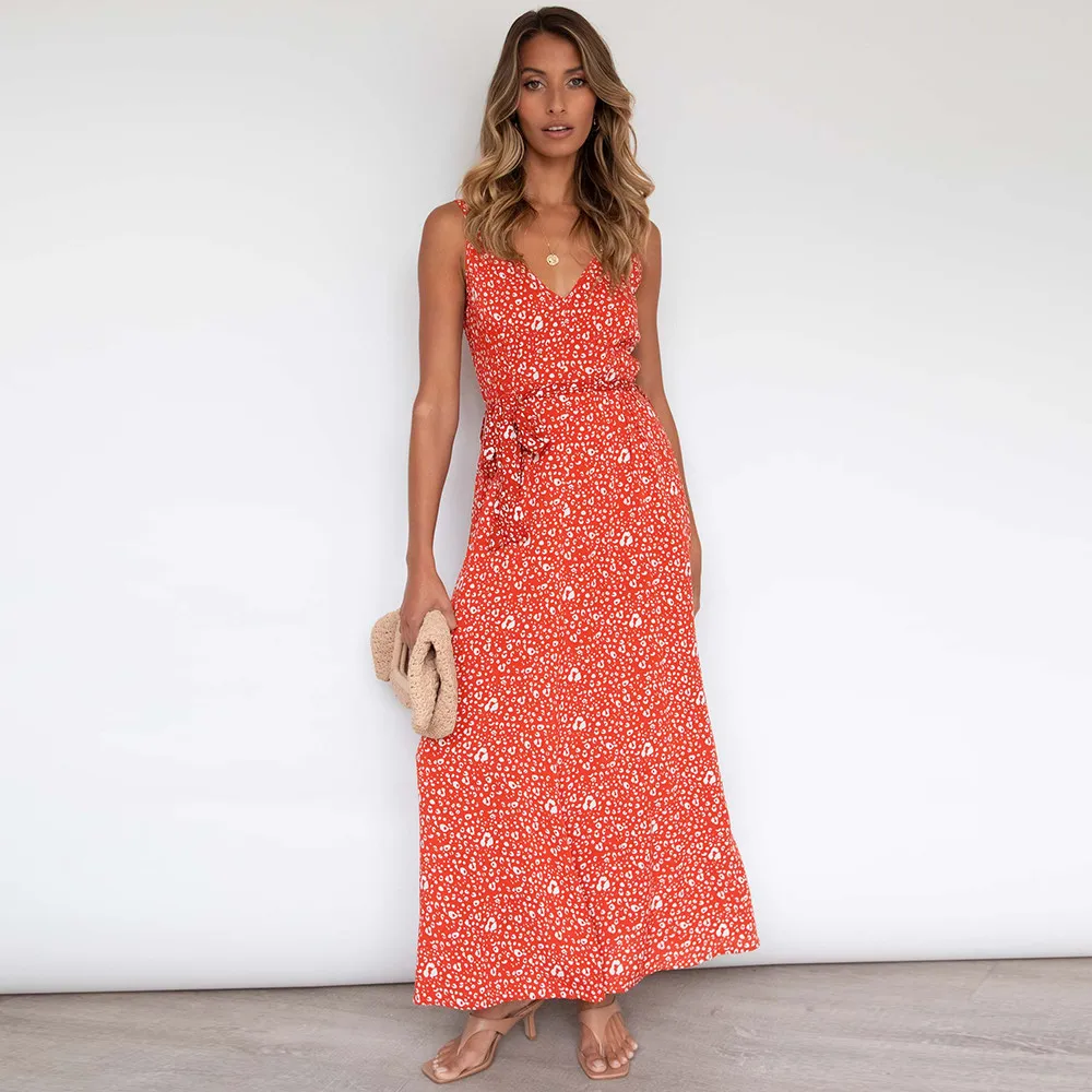 

Summer Clothes For Women Mid-Calf Casual Beach Maxi Dress Polyester Robe Longue Femme Green Print Floral Basic Vestido De Mujer