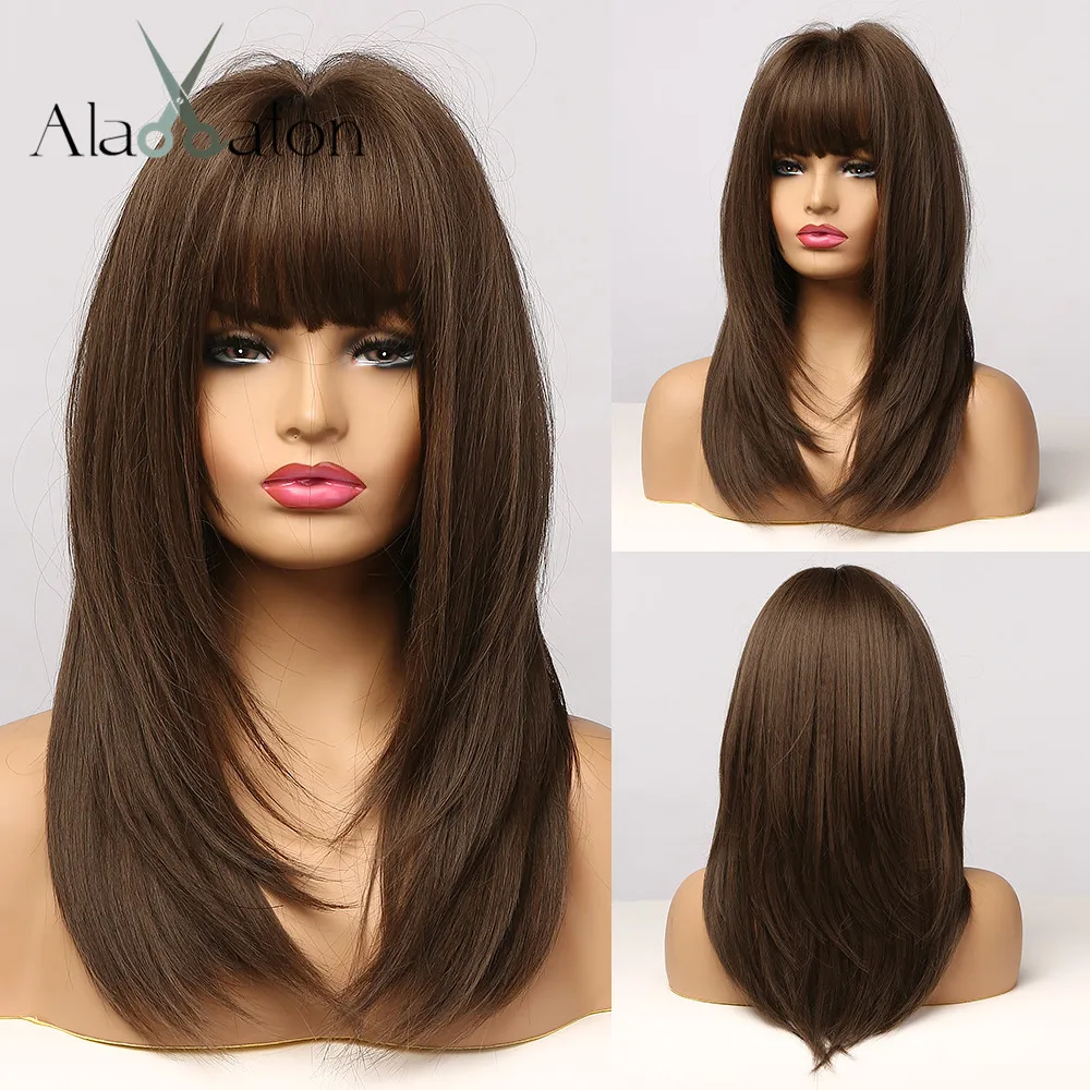 

ALAN EATON Medium Long Straight Synthetic Hair Wigs with Bangs Fringe Ombre Rose Red Pink Black Cosplay Party Bob Wigs for Women