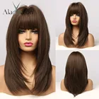 Синтетический парик ALAN EATON для чернокожих женщин, для девочек, натуральный Средний волнистый темно-коричневый парик с челкой для косплея, вечеринки, термостойкие волосы
