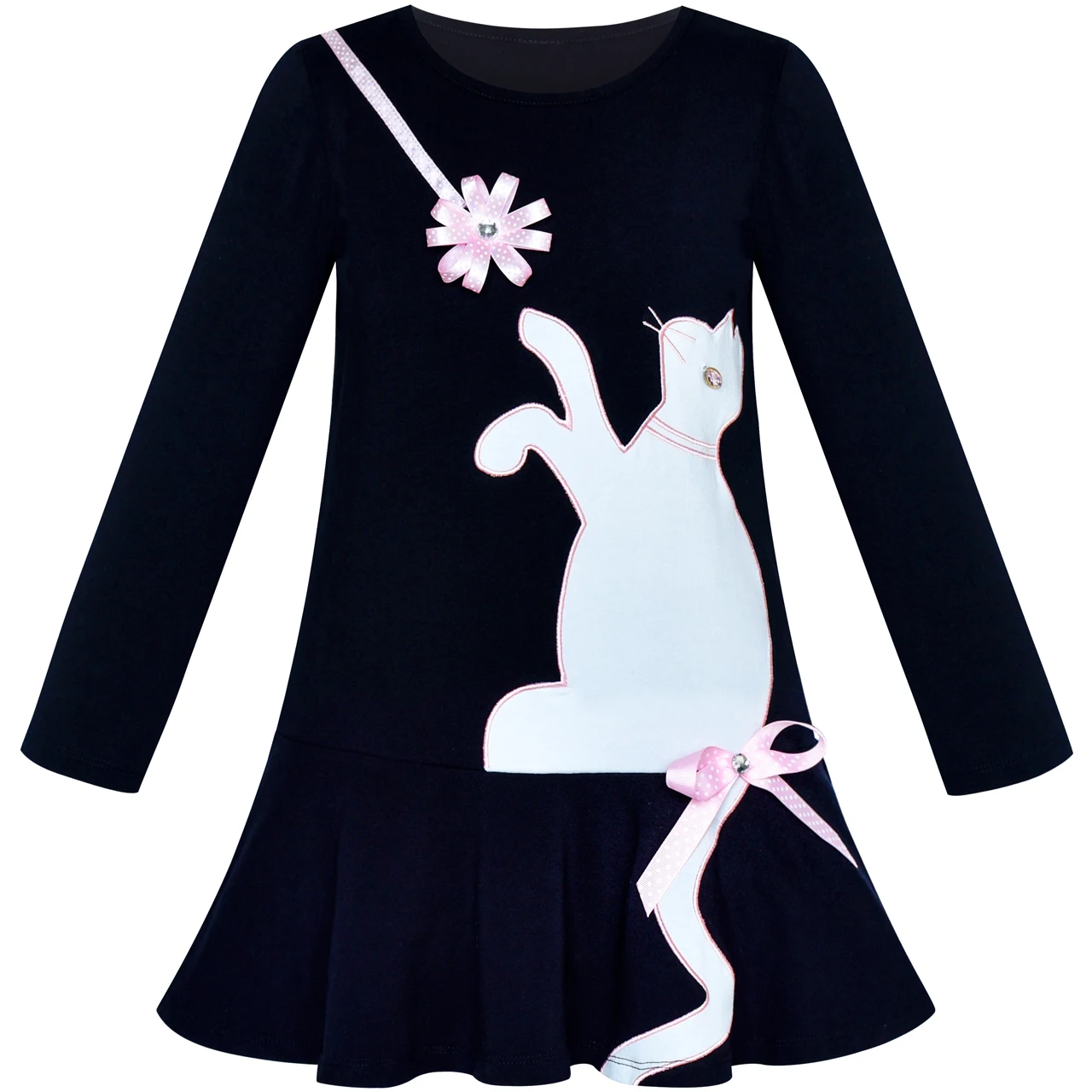 Sunny Fashion платья для девочек Хлопок Повседневная Длинный рукав Кот Вышитый 2020 Лето