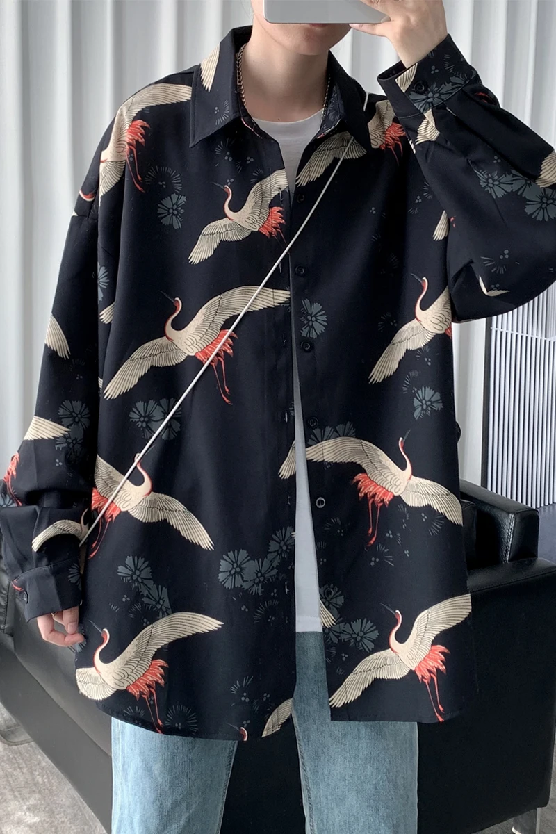

2021 Japanese Streetwear Harajuku Shirts Men HipHop Oversized Grus Japonensis Printed Shirts Short Sleeve Casual Tops