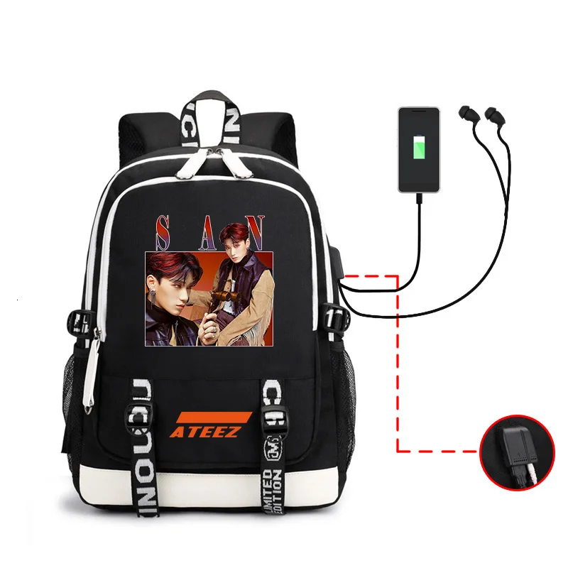 Kpop Ateez рюкзак периферийная сумка мужская и женская сумка на оба плеча Usb гарнитура линия компьютерная упаковка