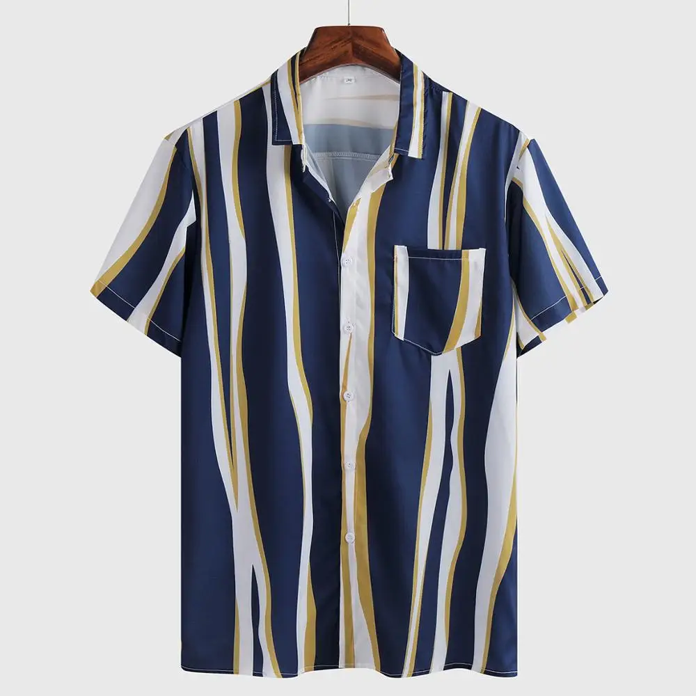 

Hawaiian Shirt Mens Summer Ethnic Short Sleeve Shirt Casual Striped Printing Shirt Tops streetwear Blouse camisa masculina
