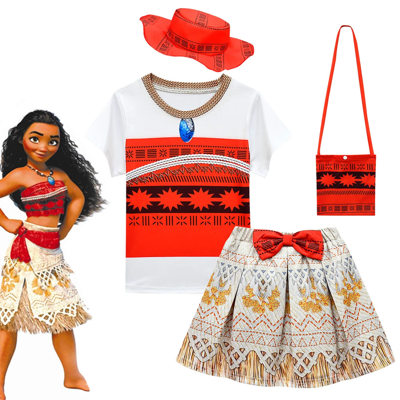 Kids Girls Moana Costume Anime Cosplay Summer Clothes T-shirt and Skirts Bag Hat 4pcs Baby Children Birthday Gifts Party Outfits