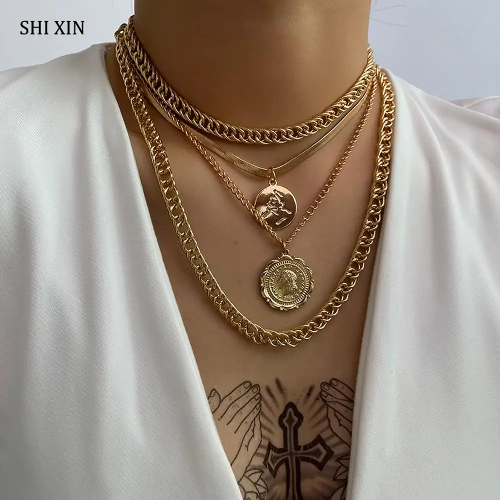 

SHIXIN Punk Thick Cuban Link Chain Choker Necklace for Women Layered Chunky Necklaces with Coin Pendant Fashion Jewelry for Neck